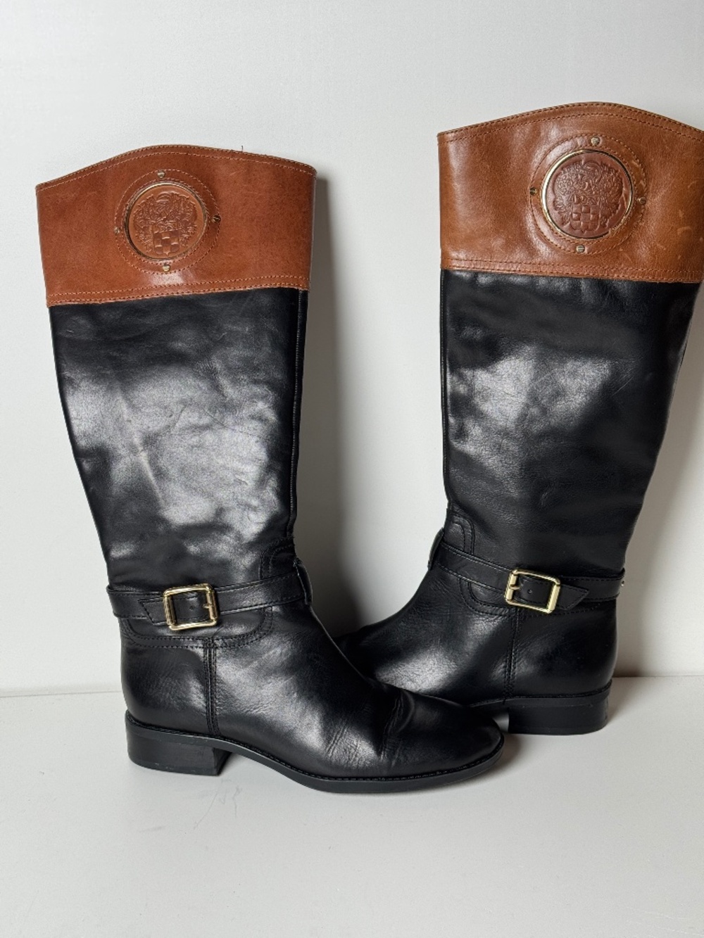 Women's Vince Camuto Phillie Black Brown Leather Tall Riding Boots Size 8M